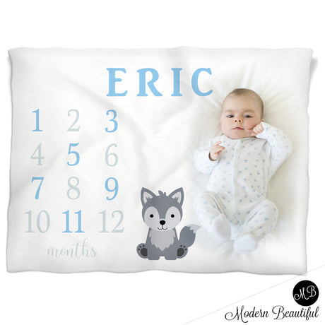 Baby boy wolf baby blanket, wolf baby milestone blanket, monthly milestone baby blanket, personalized growth baby gift, personalized photo prop blanket, choose your colors