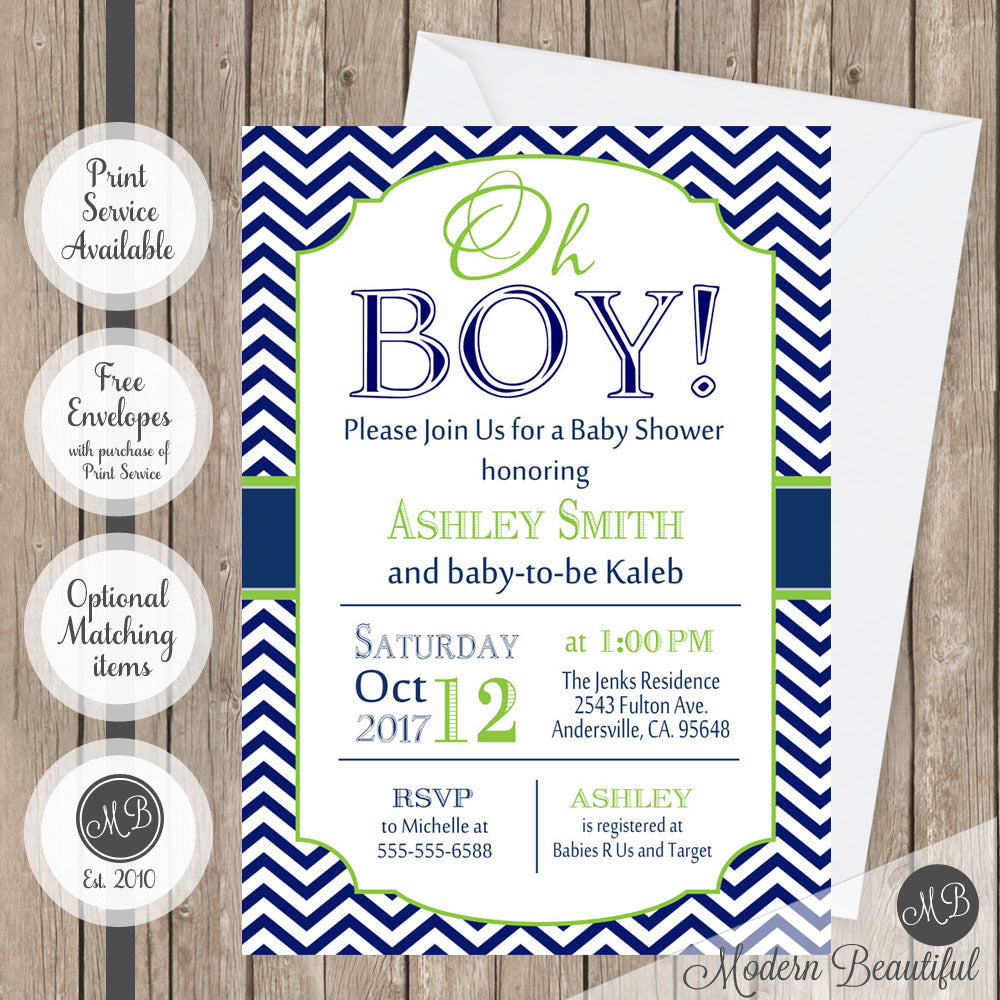 navy and lime green baby shower invitation