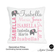 Elephant theme throw pillow cover in pink and gray , personalized baby pillow, pink and gray heart decor, baby name pillow (Choose Colors)