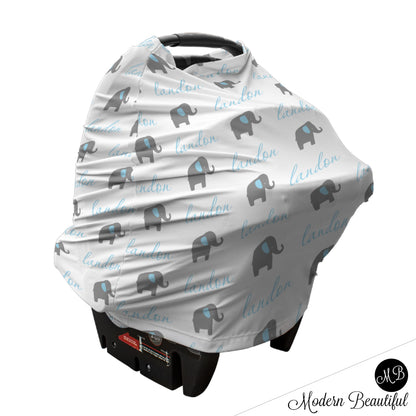 Elephant baby boy or girl car seat canopy cover, blue and gray custom infant car seat cover, personalized baby name carseat cover, nursing privacy cover (CHOOSE COLORS)
