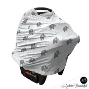 Elephant baby boy or girl car seat canopy cover, blue and gray custom infant car seat cover, personalized baby name carseat cover, nursing privacy cover (CHOOSE COLORS)