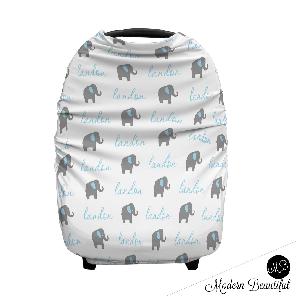 Elephant baby boy or girl car seat canopy cover, blue and gray custom infant car seat cover, personalized baby name carseat cover, nursing privacy cover (CHOOSE COLORS)