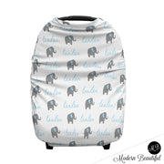 Elephant baby boy or girl car seat canopy cover, blue and gray custom infant car seat cover, personalized baby name carseat cover, nursing privacy cover (CHOOSE COLORS)