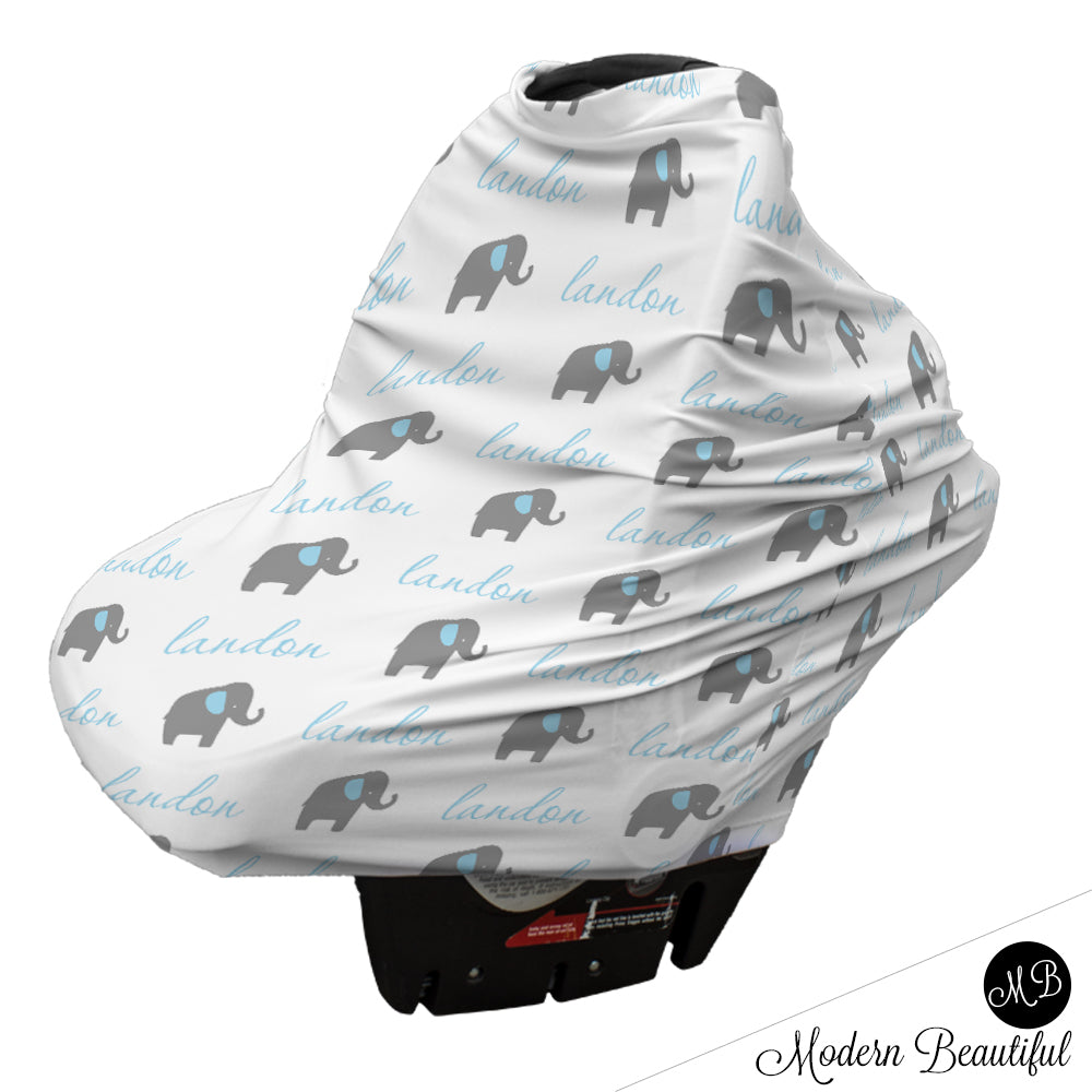 Elephant baby boy or girl car seat canopy cover, blue and gray custom infant car seat cover, personalized baby name carseat cover, nursing privacy cover (CHOOSE COLORS)
