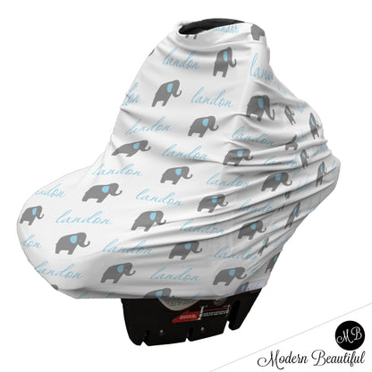 Elephant baby boy or girl car seat canopy cover, blue and gray custom infant car seat cover, personalized baby name carseat cover, nursing privacy cover (CHOOSE COLORS)