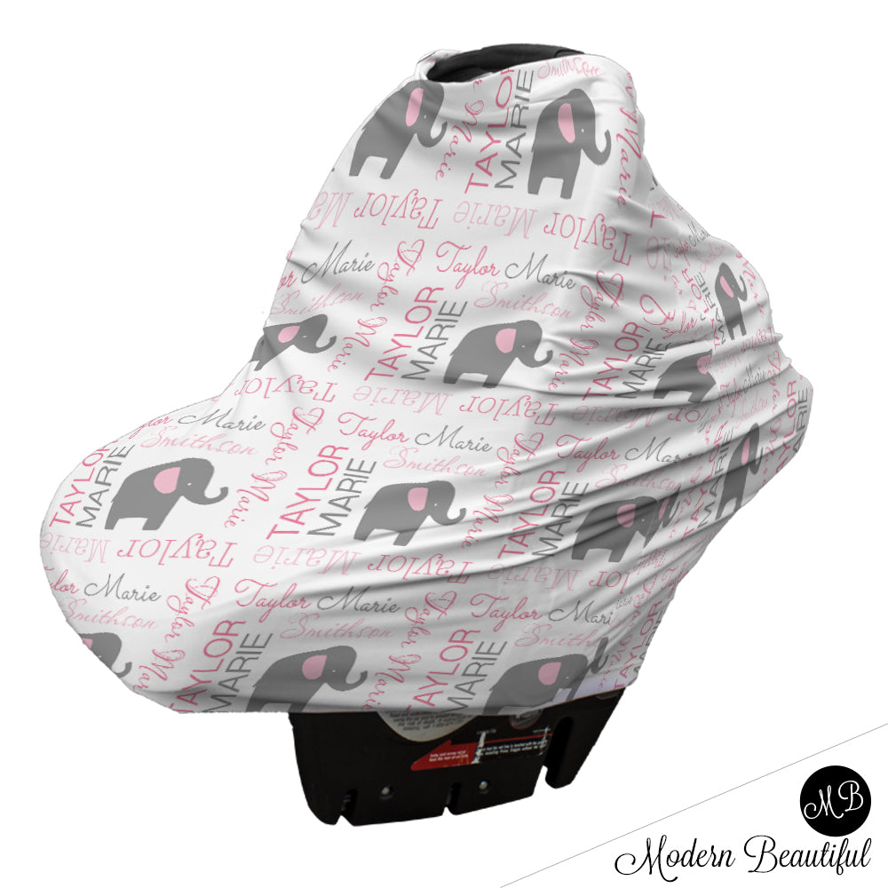 Elephant baby girl or boy car seat canopy cover, custom infant car seat cover, personalized baby name carseat cover, nursing privacy cover (CHOOSE COLORS)