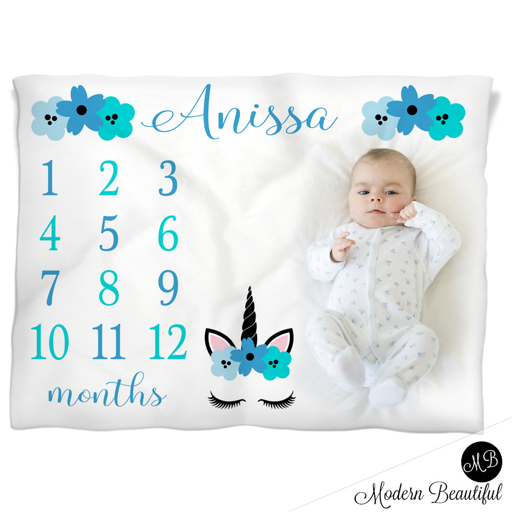 Unicorn baby name blanket, unicorn personalized growth baby gifts, personalized photo prop blanket - choose your colors