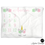 Mint and pink baby girl unicorn baby name blanket, unicorn personalized growth baby gifts, personalized photo prop blanket - choose your colors