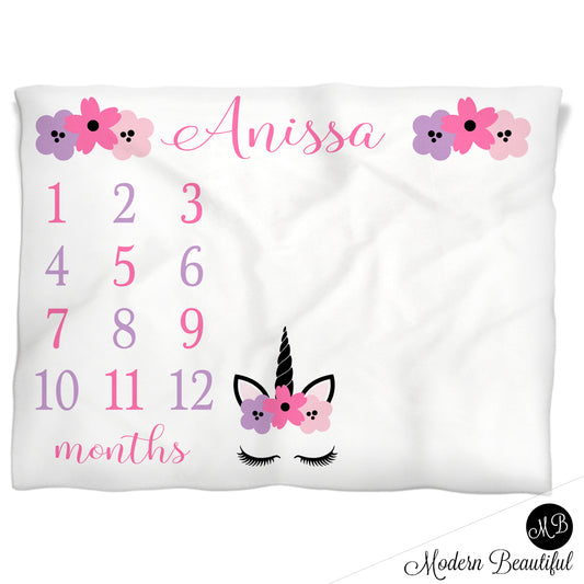 Purple and pink baby girl unicorn baby name blanket, unicorn lashes personalized growth baby gifts, personalized photo prop blanket - choose your colors