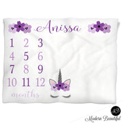 Purple baby girl unicorn baby name blanket, unicorn lash personalized growth baby gifts, personalized photo prop blanket - choose your colors