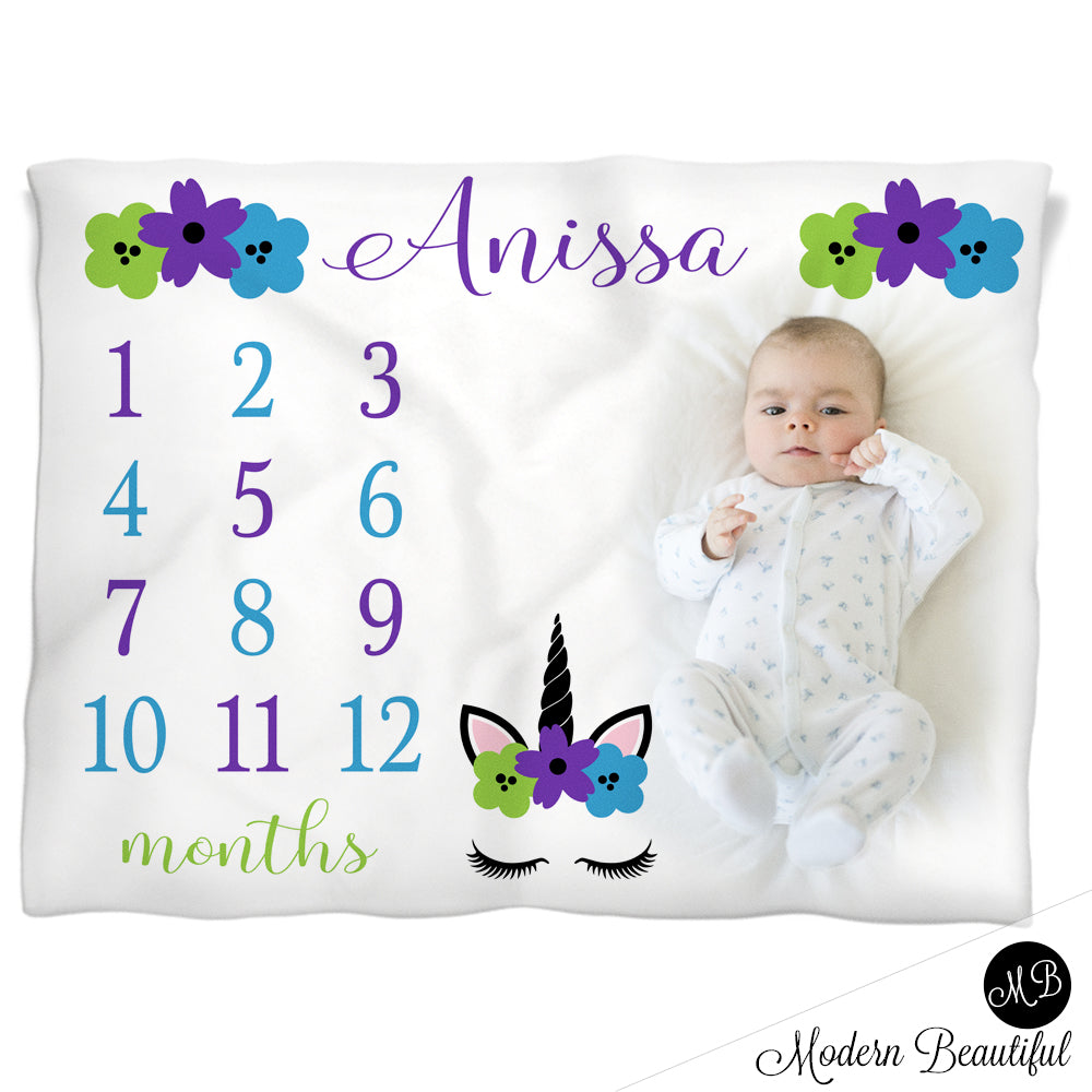 Baby girl unicorn baby name blanket, purple blue and green, unicorn lashes personalized growth baby gifts, personalized photo prop blanket - choose your colors