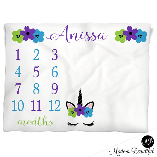 Baby girl unicorn baby name blanket, purple blue and green, unicorn lashes personalized growth baby gifts, personalized photo prop blanket - choose your colors