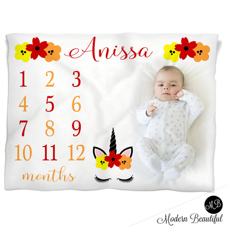 Baby girl unicorn baby name blanket, red orange and yellow, unicorn lashes personalized growth baby gifts, personalized photo prop blanket - choose your colors