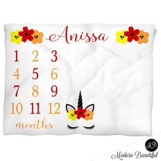 Baby girl unicorn baby name blanket, red orange and yellow, unicorn lashes personalized growth baby gifts, personalized photo prop blanket - choose your colors