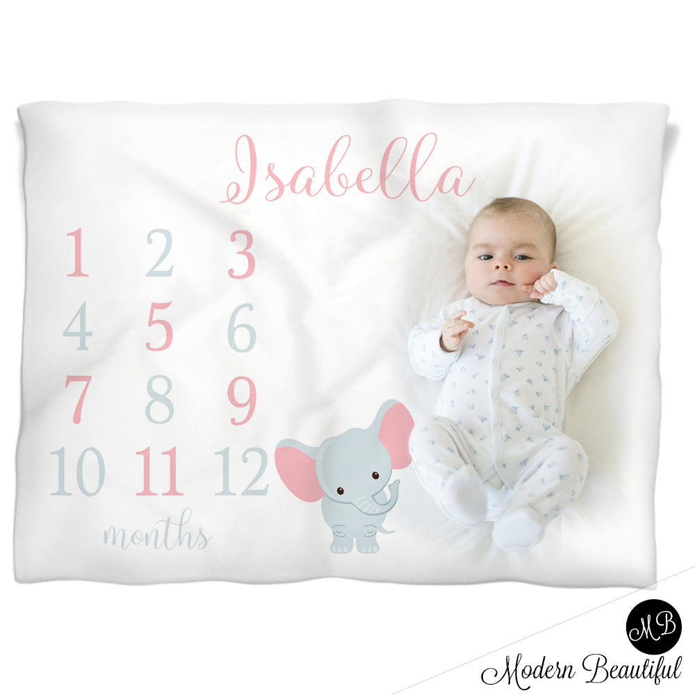 Baby girl elephant monthly milestone blanket