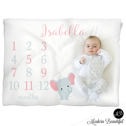 Baby girl elephant monthly milestone blanket