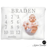 Milestone Name Blanket for Baby Boy, personalized growth baby gift, personalized photo prop blanket - choose your colors