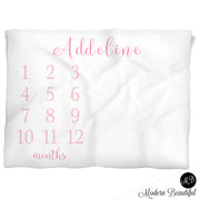 Pink and white baby girl name blanket, script personalized growth baby gift, personalized photo prop blanket - choose your colors