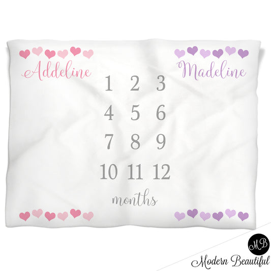 Pink and purple twins monthly milestone baby blanket, twin boys or girls, twins personalized growth blanket, personalized photo prop blanket for twins, choose your colors