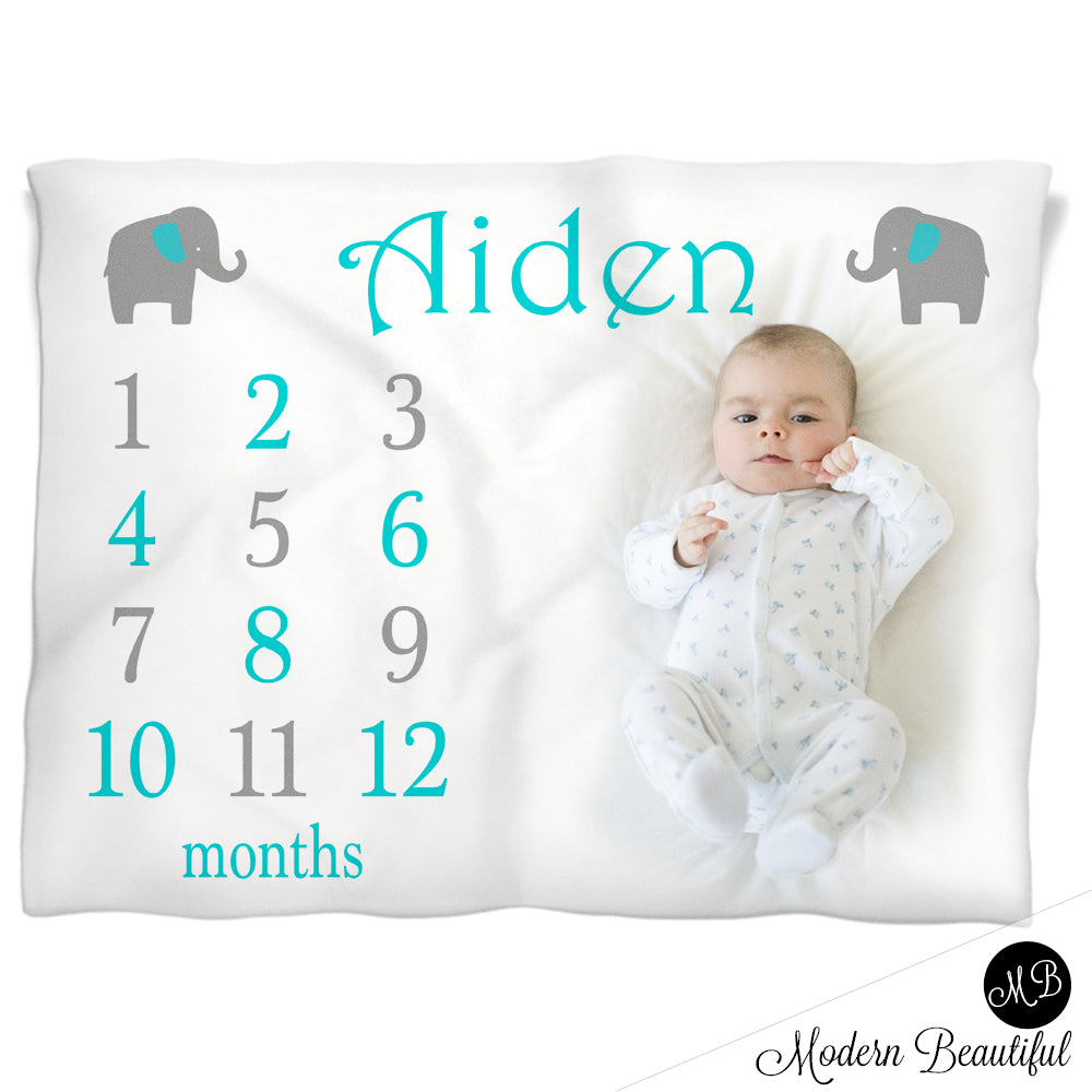 elephant Milestone Name Blanket for Baby Boy