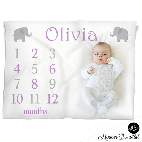 Elephant Milestone Name Blanket for Baby Girl