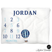 Baby boy hot air balloon baby blanket, hot air balloon milestone blanket,  monthly milestone baby blanket, personalized growth baby gift, personalized photo prop blanket - choose your colors