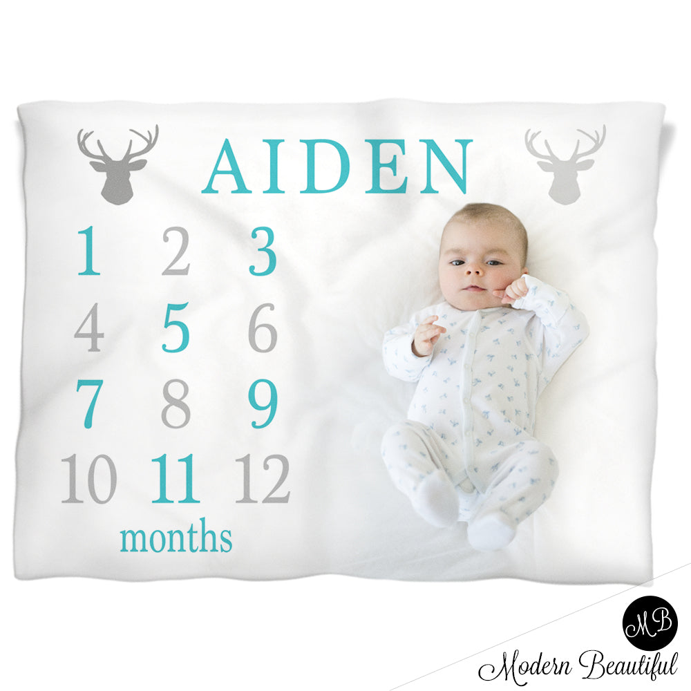 Deer Antler Milestone Name Blanket for Baby Boy, personalized growth baby gift, personalized photo prop blanket - choose your colors