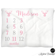 Pink and gray deer antler girl baby blanket, antler personalized growth baby gift, personalized photo prop blanket - choose your colors