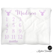 Purple deer antlers girl baby blanket, antler personalized growth baby gift, personalized photo prop blanket - choose your colors