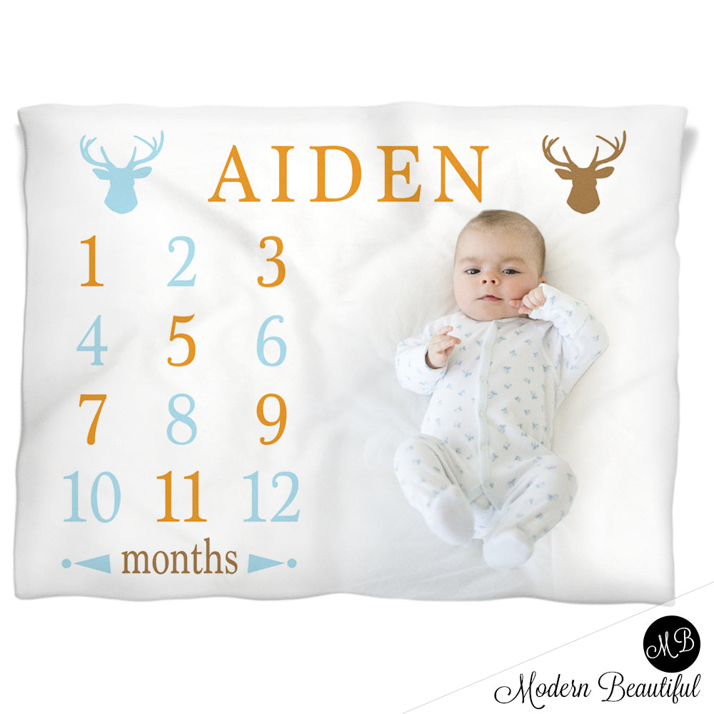 Baby Boy Deer Antler Milestone Name Blanket