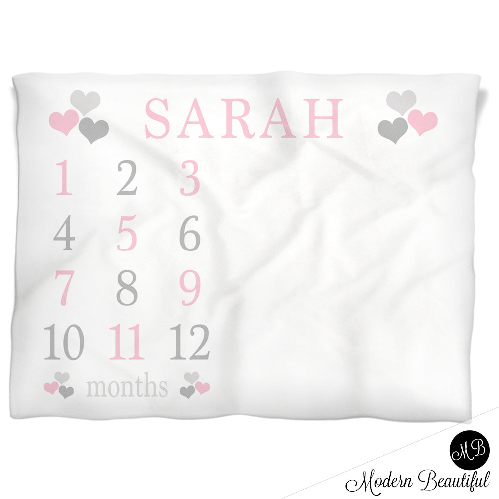 Hearts Girl Milestone Baby Blanket Personalized Pink Baby Growth Photo Blanket