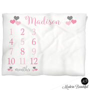 Baby girl hearts name blanket pink and gray, hearts personalized growth baby gift, personalized photo prop blanket - choose your colors