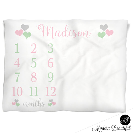 Mint and pink baby girl hearts name blanket, heart personalized growth baby gift, personalized photo prop blanket - choose your colors