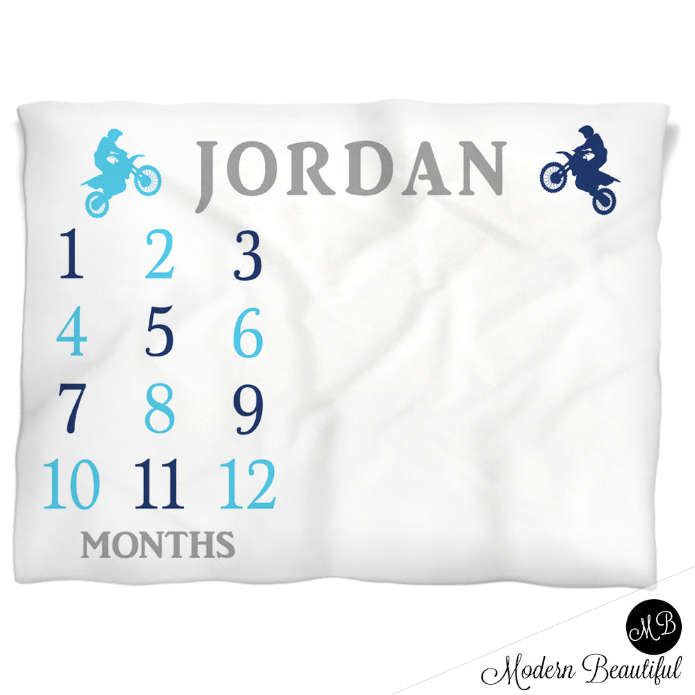 Baby boy motocross baby blanket, dirt bike motocross milestone blanket, monthly milestone baby blanket, personalized growth baby gift, personalized photo prop blanket - choose your colors