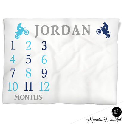 Baby boy motocross baby blanket, dirt bike motocross milestone blanket, monthly milestone baby blanket, personalized growth baby gift, personalized photo prop blanket - choose your colors