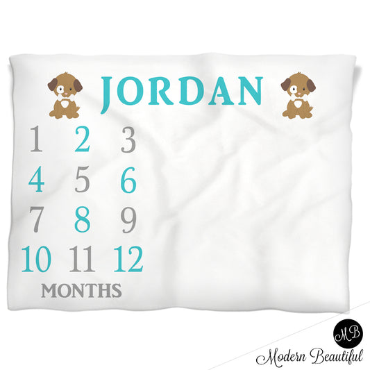 Baby boy puppy baby blanket, puppy dog milestone blanket, monthly milestone baby blanket, personalized growth baby gift, personalized photo prop blanket , choose your colors