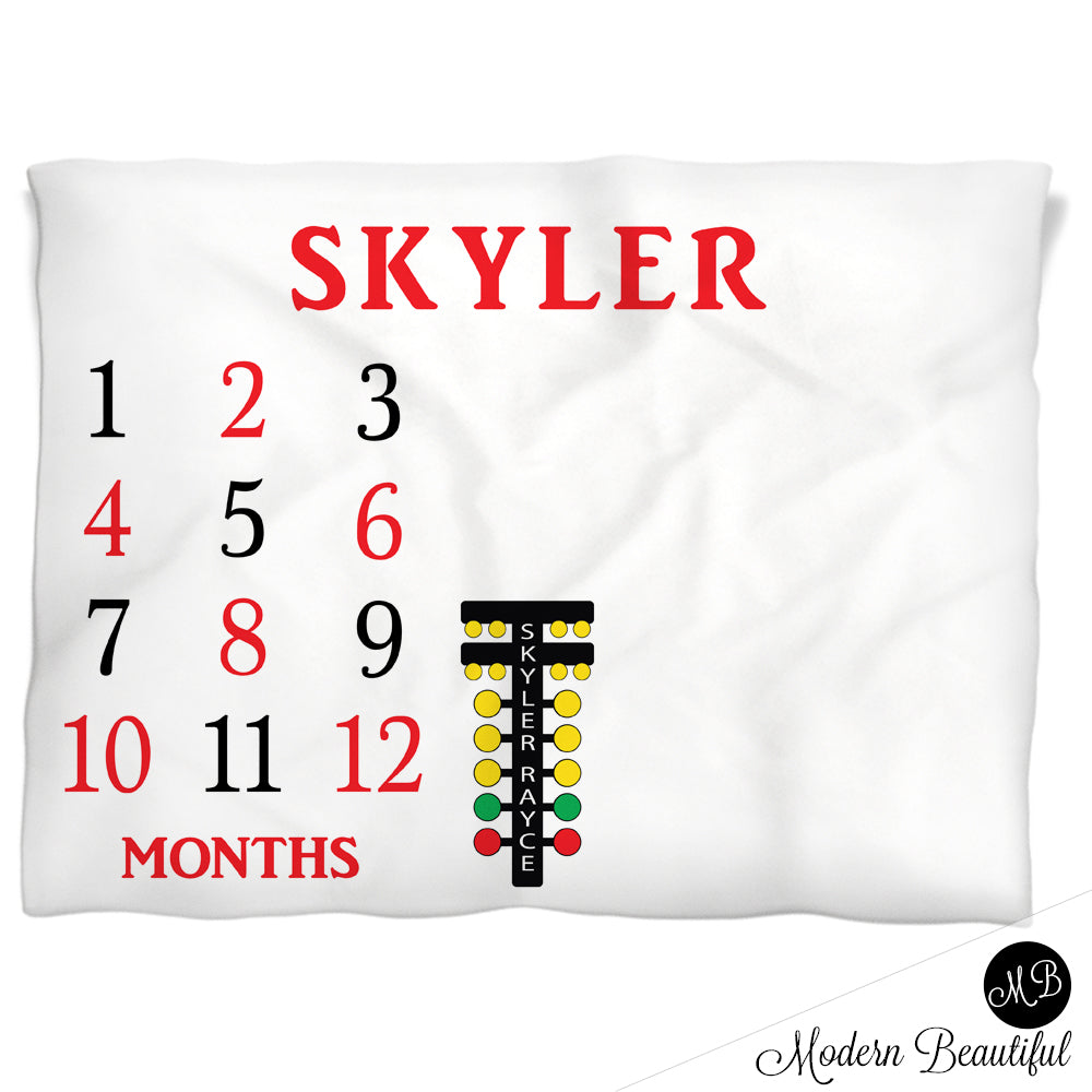 Baby boy drag racing baby blanket, racing tree baby milestone blanket, monthly milestone baby blanket, personalized growth baby gift, personalized photo prop blanket, dragster baby blanket, (CHOOSE COLORS)