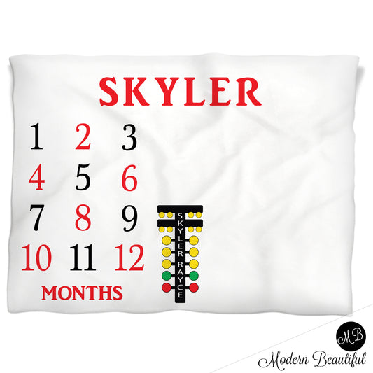 Baby boy drag racing baby blanket, racing tree baby milestone blanket, monthly milestone baby blanket, personalized growth baby gift, personalized photo prop blanket, dragster baby blanket, (CHOOSE COLORS)