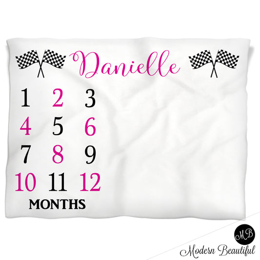 Racing Flags Milestone Baby Blanket Personalized Checkered Flags Girl Baby Growth Photo Blanket