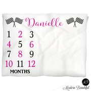 Baby girl racing flag baby blanket, dragster baby blanket, racing baby milestone blanket, monthly milestone baby blanket, personalized growth baby gift, personalized photo prop blanket, choose your colors