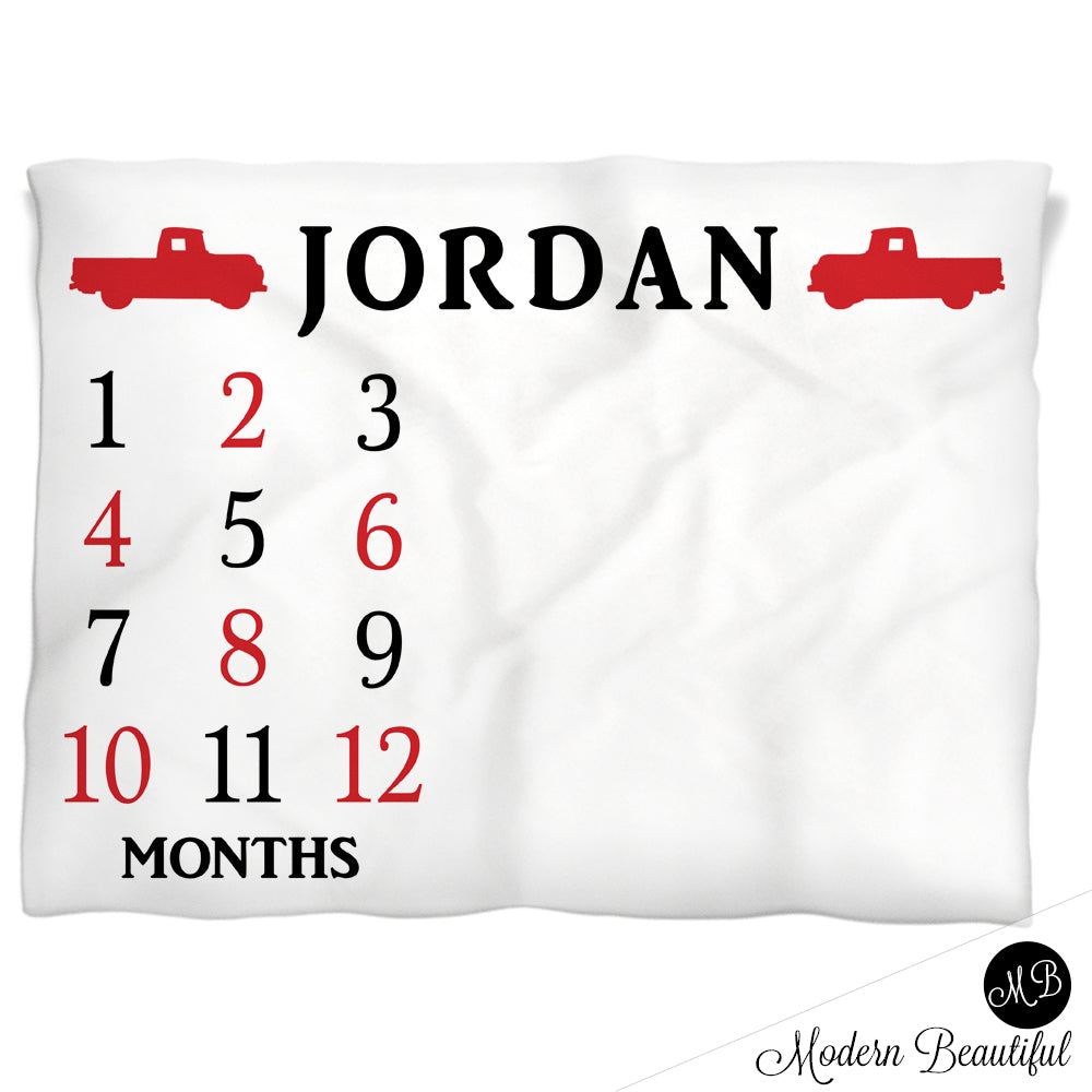 Baby boy Chevy truck monthly milestone blanket, oldies truck baby blanket, baby boy or girl name blanket, (CHOOSE COLORS)