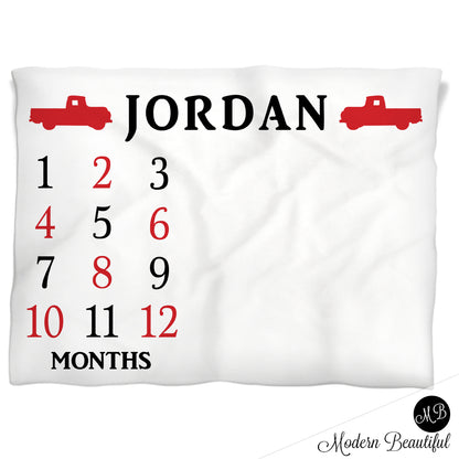Baby boy Chevy truck monthly milestone blanket, oldies truck baby blanket, baby boy or girl name blanket, (CHOOSE COLORS)