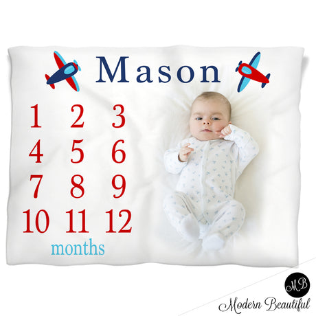 Airplane Milestone Name Blanket for Baby Boy