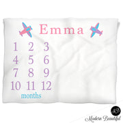 Pink and purple girl airplane baby blanket, personalized growth baby gifts, personalized photo prop blanket - choose your colors