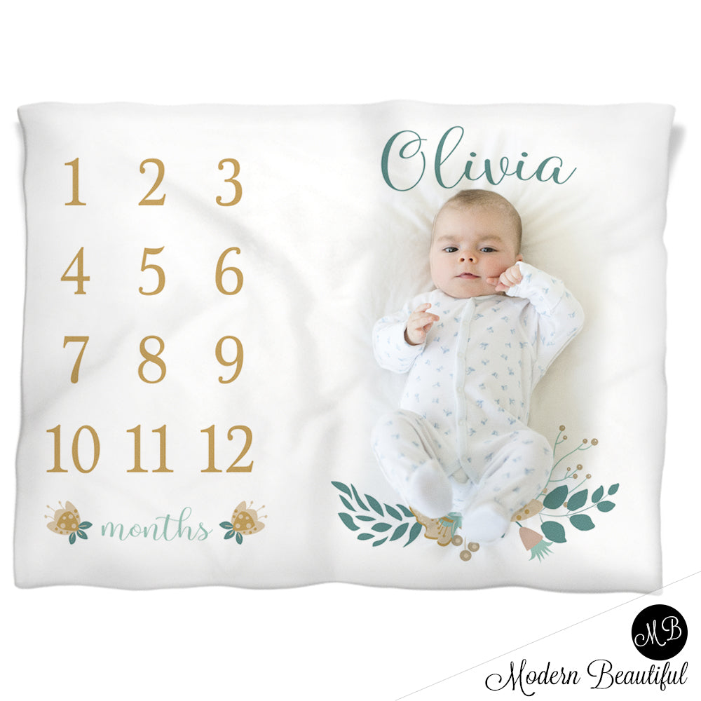 Baby girl floral baby blanket, tan and blue monthly milestone blanket, floral personalized growth baby gifts, personalized photo prop blanket - choose your colors
