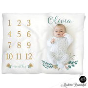 Baby girl floral baby blanket, tan and blue monthly milestone blanket, floral personalized growth baby gifts, personalized photo prop blanket - choose your colors