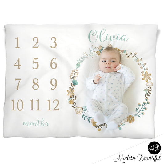 Flowers  Milestone Blanket Blue and Tan