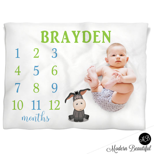 Donkey boy baby blanket, blue and green, donkey baby blanket, donkey baby milestone blanket, monthly milestone baby blanket, personalized growth baby gift, personalized photo prop blanket, boy or girl, choose your colors