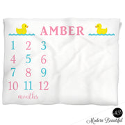 Baby girl duck blanket, ducky personalized growth baby gifts, personalized photo prop blanket - choose your colors