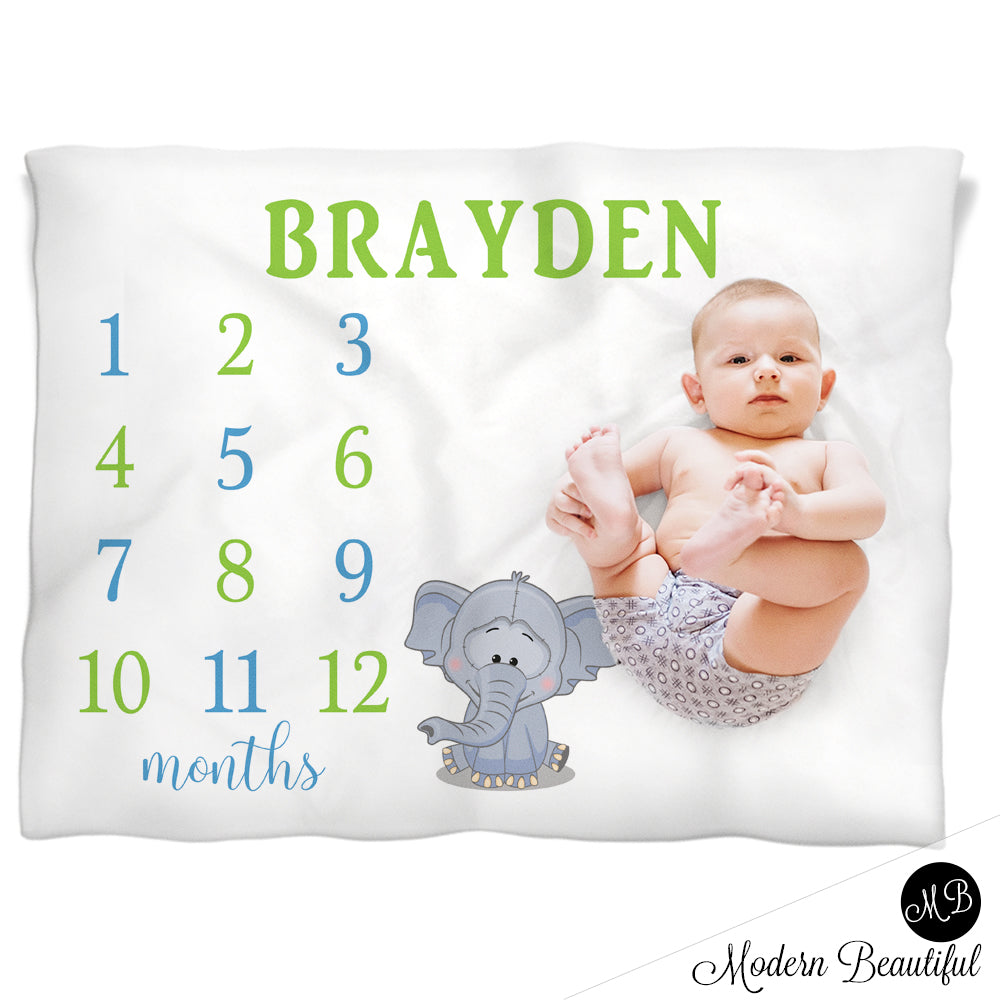 elephant Milestone Name Blanket for Baby Boy